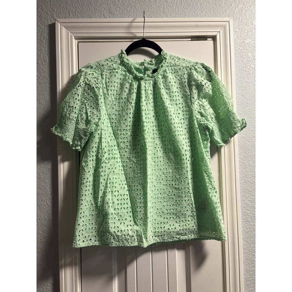 J.Crew Eyelet Top Womens L Mint Green Excellent BQ183 Ruffle Neck Puff Sleeve